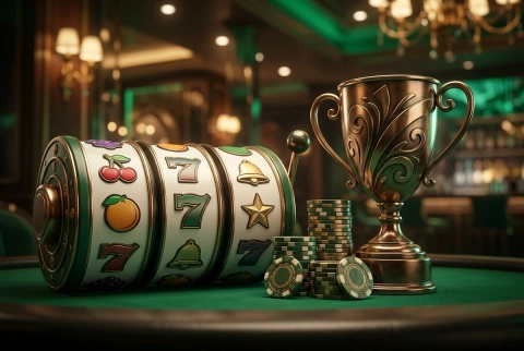 Spelhjul med frukter och sjuor bredvid marker och en pokal